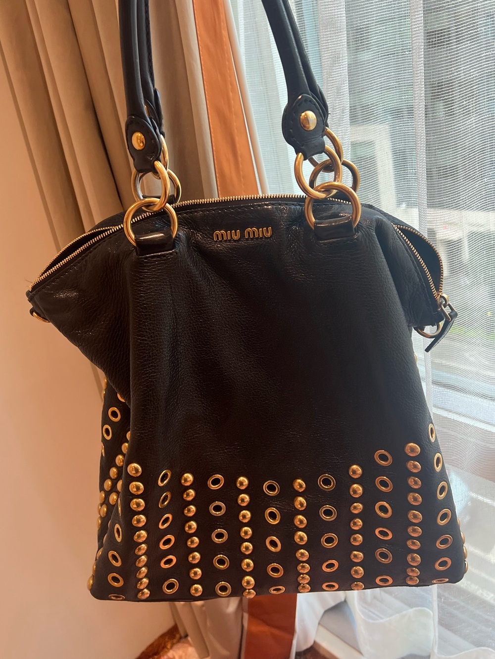 Authentic Miu Miu Black Leather Studded Tote Bag